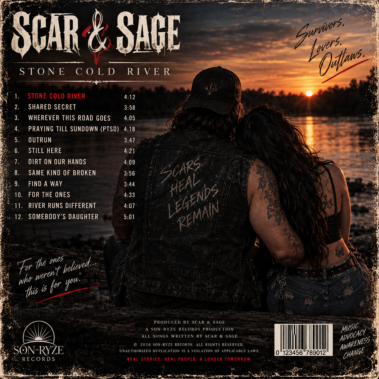 Stone Cold River album back cover by Scar & Sage — full track listing
