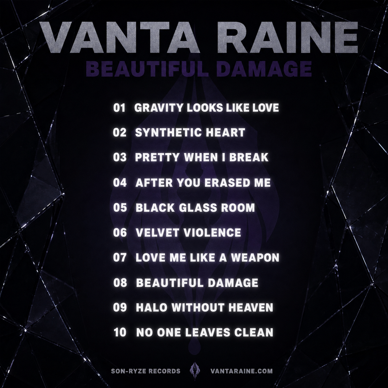 Beautiful Damage album back cover by Vanta Raine — full track listing