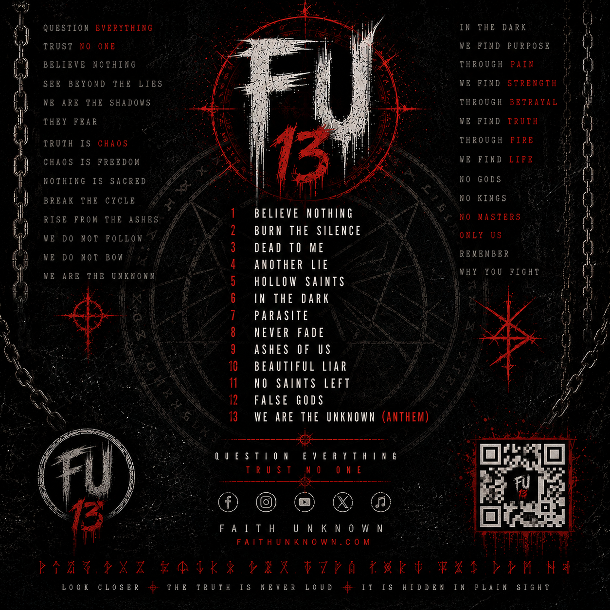 Believe Nothing album back cover by Faith Unknown — full track listing and manifesto